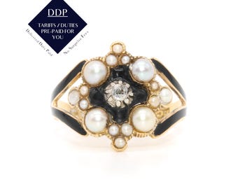 Antique Victorian 1840s 18K Yellow Gold Diamond, Pearl and Black Enamel Mourning Ring