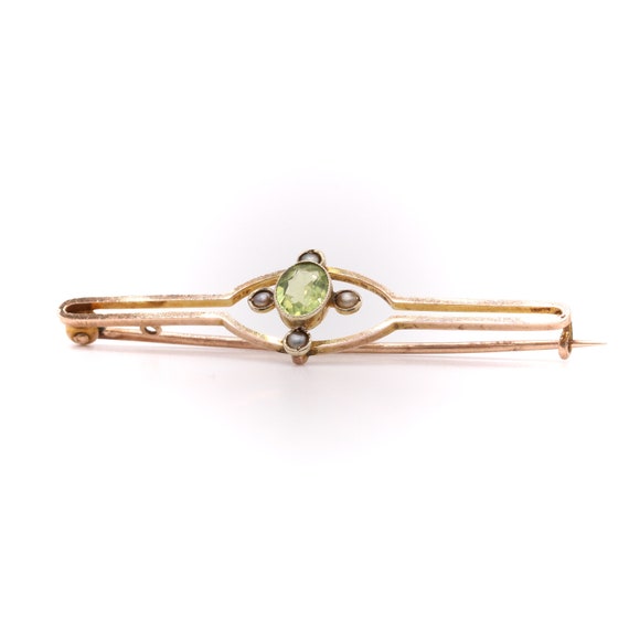 Vintage 9ct Gold Peridot Pearl Bar Brooch, 9kt Gol