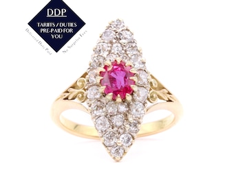 Antique Victorian 18K Yellow Gold 2.1tgw Ruby and Diamond Marquise Ring