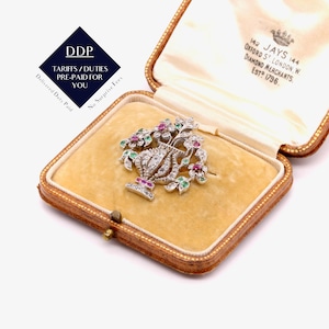 Antik viktoriansk brosch med jardinierehänge i guld och silver med diamanter, rubiner och smaragder, i originalfodral