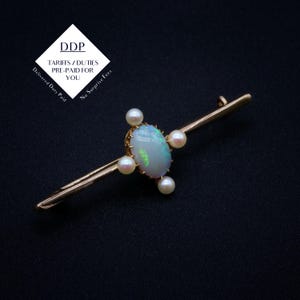 Spilla antica edoardiana in oro giallo 15 carati con opale cabochon e perle