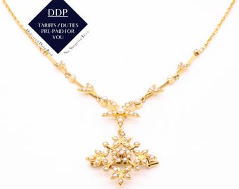 Antique Edwardian 15K Yellow Gold Seed Pearl Floral Necklace with Pendant and Brooch
