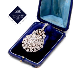 Antique Victorian 15K Yellow Gold and Silver 10.8ctw Old Cut Diamond Pendant Brooch, in Original Case