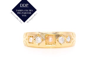 Antique Victorian 18K Yellow Gold Pearl and Diamond Band Ring