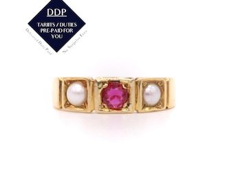 Antique Victorian 18K Yellow Gold 0.31ct Ruby and Pearl Trilogy Band Ring