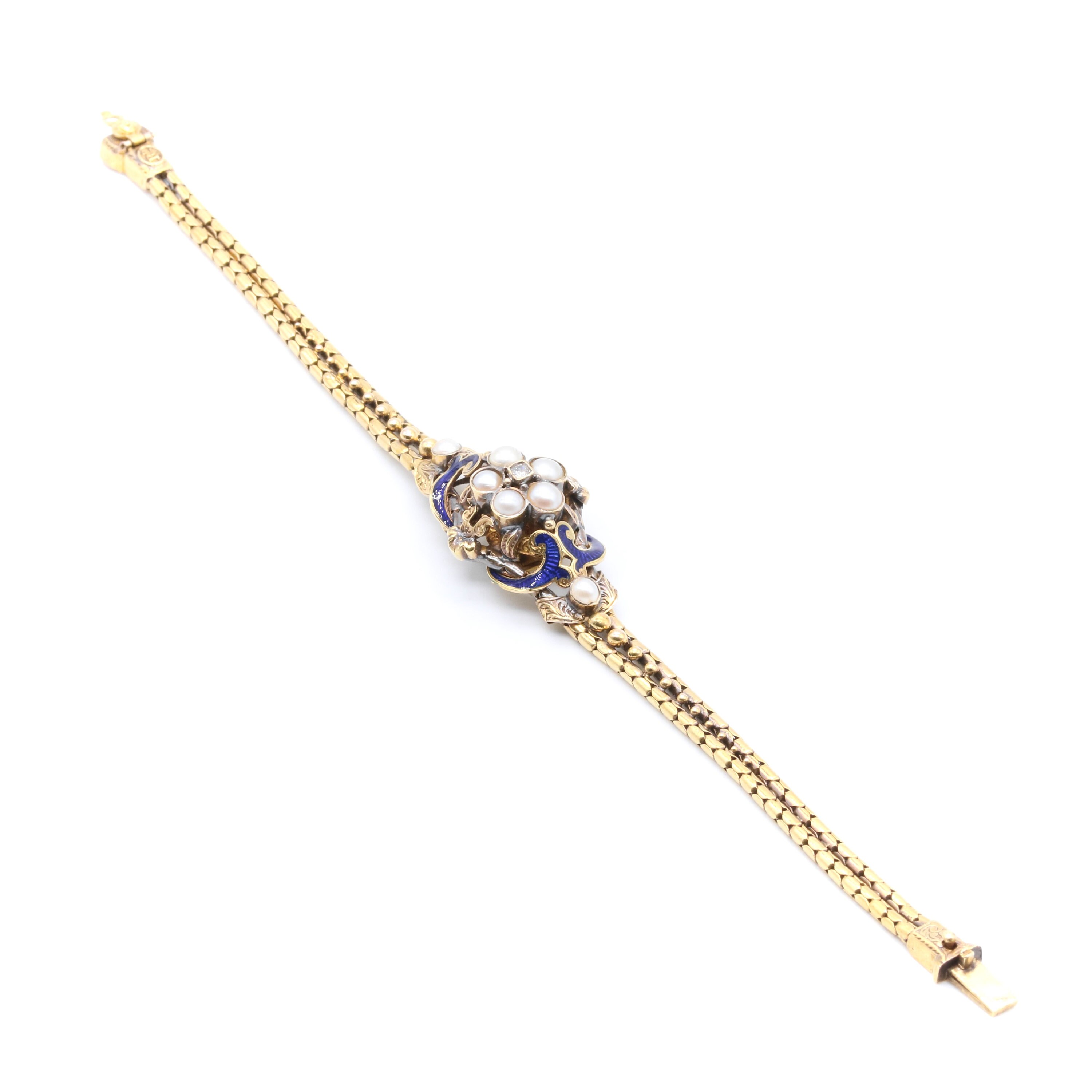 Antique Victorian 18K Yellow Gold Diamond, Pearl and Blue Enamel ...