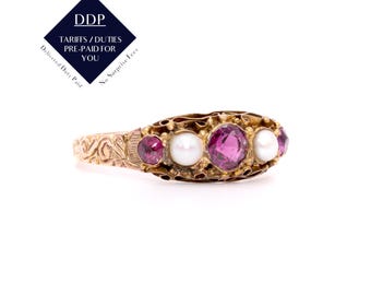 Antique Victorian 15K Yellow Gold Rhodolite Garnet and Pearl Ring with Engraved Band