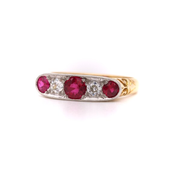 Art Deco 18ct Gold 0.58ct Ruby Diamond 5 Stone Rin