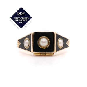 Antique Victorian 18K Yellow Gold Black Enamel and Pearl “In Memoriam” Locket Mourning Ring