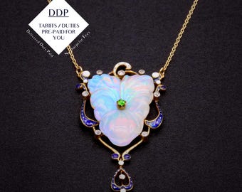 Antique Art Nouveau 18K Yellow Gold and Platinum Carved Opal, Demantoid Garnet, Diamond and Enamel Pansy Necklace