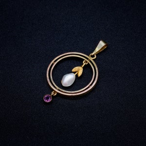 Antique Edwardian 9K Yellow Gold Baroque Pearl and Amethyst Drop Pendant