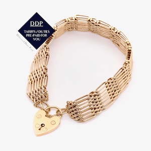 Vintage 1980s 24.8g 9K Yellow Gold Gate Link Bracelet with Heart Padlock