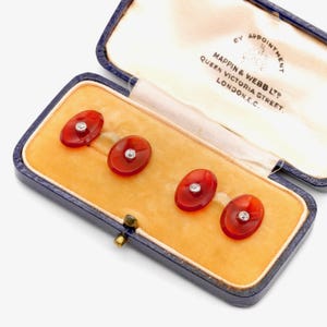 A Pair of Antique 14K Yellow Gold and Platinum Carnelian and Diamond Cufflinks, by Mappin & Web, in Original Case