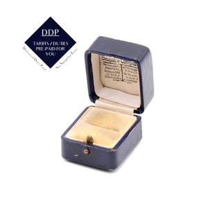 Antique Dark Blue Leather Effect Ring Box, with Ivory Silk and Cream Velvet Interior