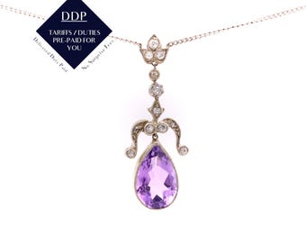 Antique Silver and Platinum 5ct Pear Cut Amethyst and Diamond Necklace