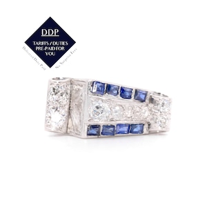 Art Deco 1940er Jahre Platin 1.35tgw Old Cut Diamant und Sapphire Odeoneque Tank Ring