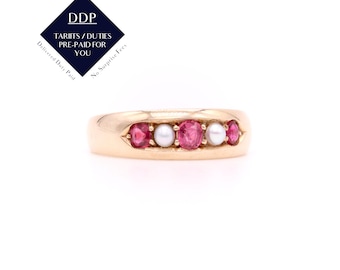 Antique Victorian 15K Yellow Gold Ruby and Pearl 5 Stone Band Ring