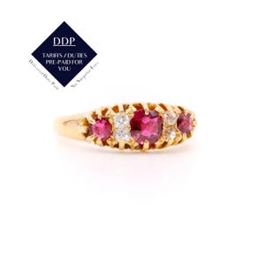 Antique 18K Yellow Gold 0.94tgw Ruby and Diamond 7 Stone Ring