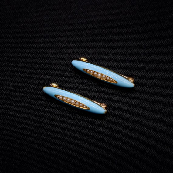A Pair of Antique 14K Yellow Gold Pale Blue Ename… - image 1