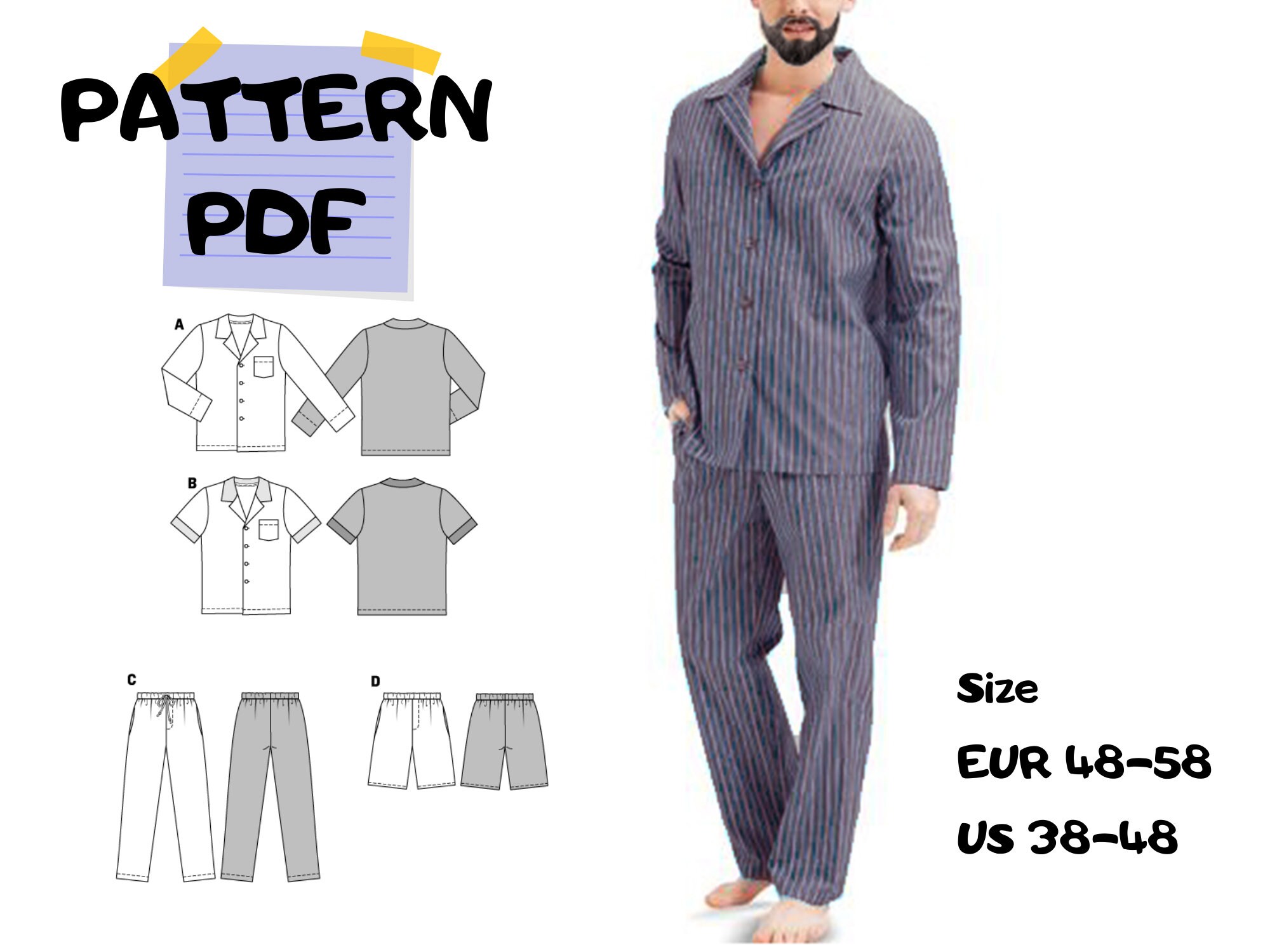 Men's Pattern PDF Pajama Waistband pajama pants / shirt Etsy