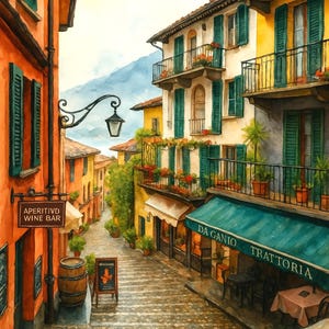 Peut inclure: Peinture à l'aquarelle d'une scène de rue à Lago di Como, Italie. Des bâtiments aux façades orange, jaune et blanche bordent la rue pavée. Des volets et des auvents verts ajoutent de la couleur. Un bar à vin et une trattoria sont visibles.