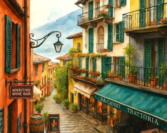 Lago di Como Aquarell Druck, druckbare Italien Wandkunst, Bellagio Reise Poster, Comer See Digital Download, Europäische Straßenkunst