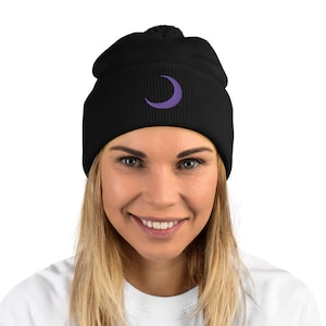Moon Beanie Holiday PomPom Beanie Horror Punk Beanie X-Mas Gift Birthday Gift Holiday Accessory Winter Wear Goth Beanie Crescent Moon Beanie