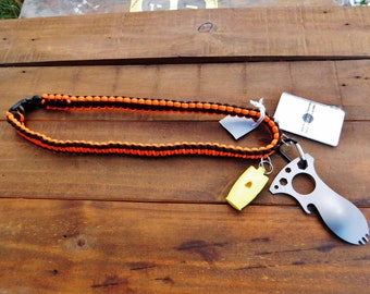 550 paracord survival lanyard with CRKT Eat N Tool, Rescue Howler whistle and SOL signal mirror