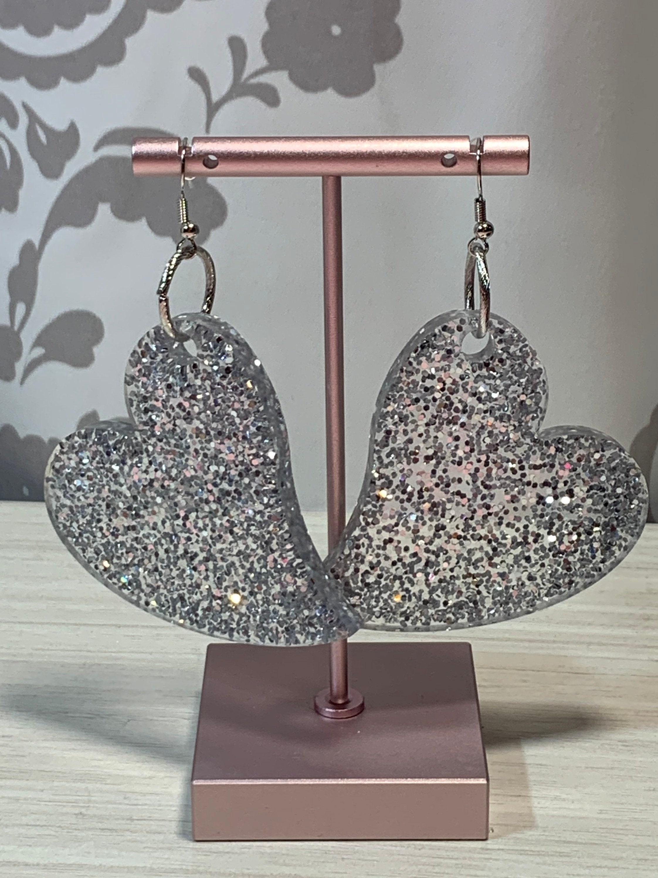 Silver Glitter Heart Earrings Etsy