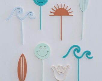 Custom Surfer Cupcake Toppers | Beach Cupcake Toppers | Acrylic Cupcake Toppers