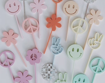 Custom Pastel Retro Groovy Cupcake Toppers | Acrylic Cupcake Toppers
