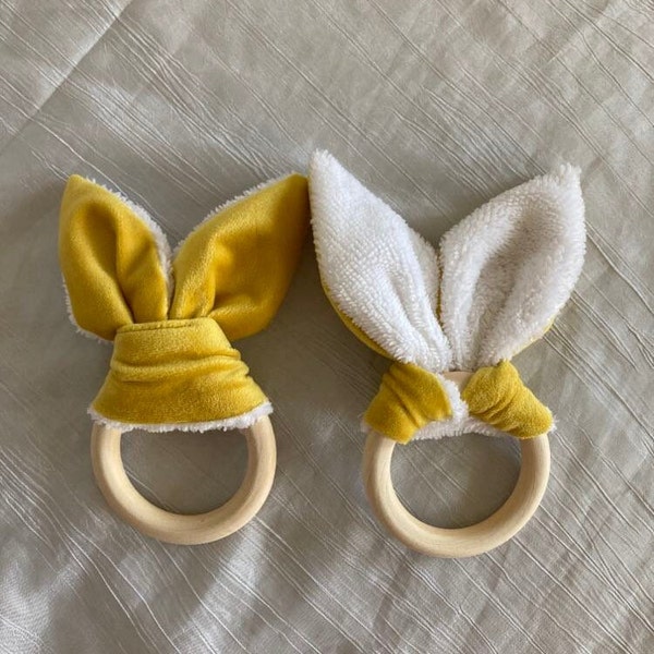 Anneau de dentition  Oreille de lapin hochet en bois naturel velours jaune citron blanc pour bébé et enfants