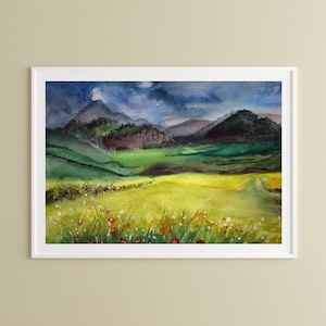 Bright Green Yellow Landscape Painting Panoramic Watercolor Printable Art Mountains Meadow Nature Print Flowers Field Downloadable Art Gifts