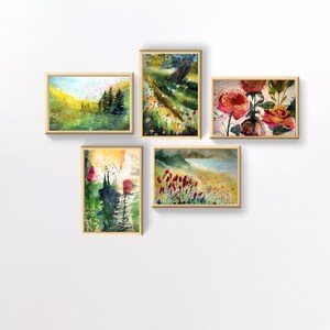 Conjunto de 5 impresiones de naturaleza vibrante, pinturas de paisajes florales en acuarela, imprimibles, decoración de pared de galería moderna, paquete botánico, regalo descargable