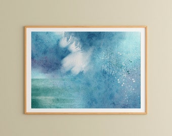 Abstract Ocean Wave Art, Teal Blue Seascape Painting, Modern Watercolor Minimalist Sea, Nautical Poster Print Downloadable Art Gift