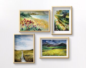 Conjunto de 4 gravuras da Galeria da Primavera, pinturas de natureza floral verde, arte panorâmica em aquarela para impressão, download digital.