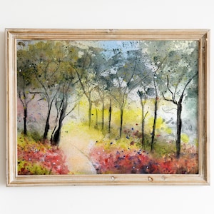May include: A watercolour painting of a forest path with trees on either side. The path is lined with red and yellow flowers. The trees are painted in shades of green, blue, and black.