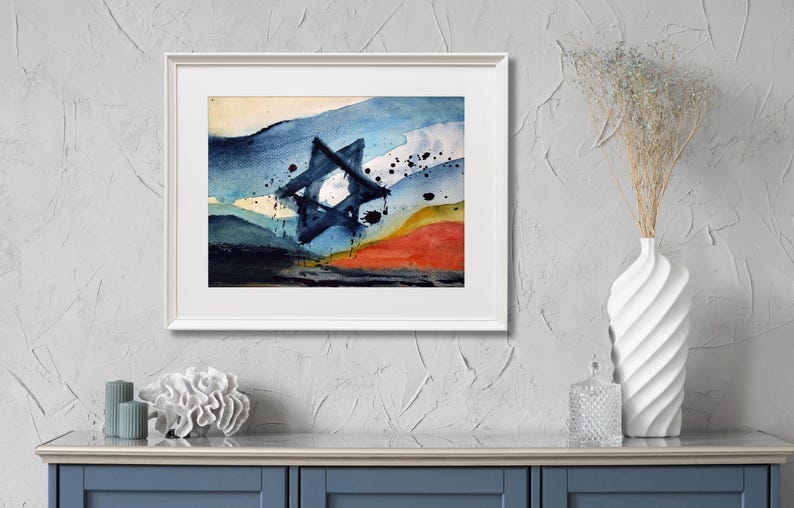 Star of David Painting, Abstract Watercolor Art, Blue Red Modern Wall Decor, Israeli Memorial Poster, Printable Emotional Artwork Download image 9