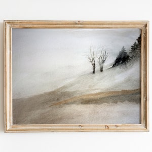 Watercolor Minimalist Landscape Painting Neutral Beige Poster Printable Misty Mountain Trees Print Neutral Fall Wall Decor Downloadable Gift