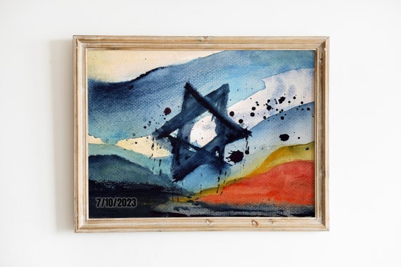 Star of David Painting, Abstract Watercolor Art, Blue Red Modern Wall Decor, Israeli Memorial Poster, Printable Emotional Artwork Download