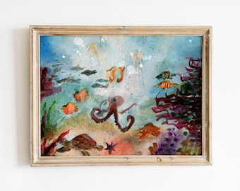 Kleurrijke onderwater oceaan schilderij, mariene aquarel kunst, zeeleven afdrukbare aquatische kunstwerken, koraalrif muur decor, digitale download