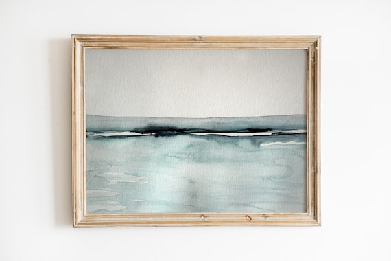 Minimalist Watercolor Ocean Painting, Neutral Nature Printable Art, Muted Teal Seascape Print, Abstract Nautical Poster, Downloadable Gift