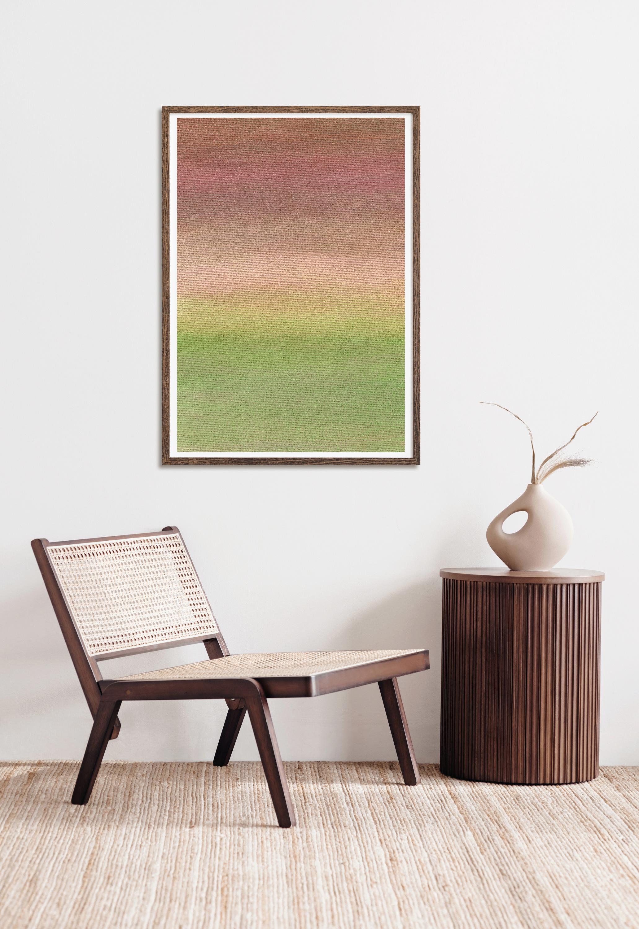 グラデーションの茶色と緑の絵画、素朴な抽象アクリルアート、ミニマル