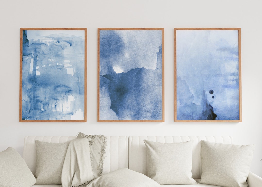 Watercolor Set of 3 Wall Art Navy Blue Abstract Handmade Paintings ...