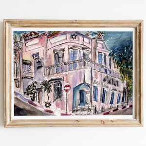 Tel Aviv Wall Art Printable Israel Watercolor Painting Israeli Urban Artwork Pink Blue Street House Downloadable Handmade Holyland Art Gift