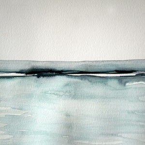 May include: Abstract watercolor painting of a seascape with a dark blue line representing the horizon and a light blue wash representing the water.