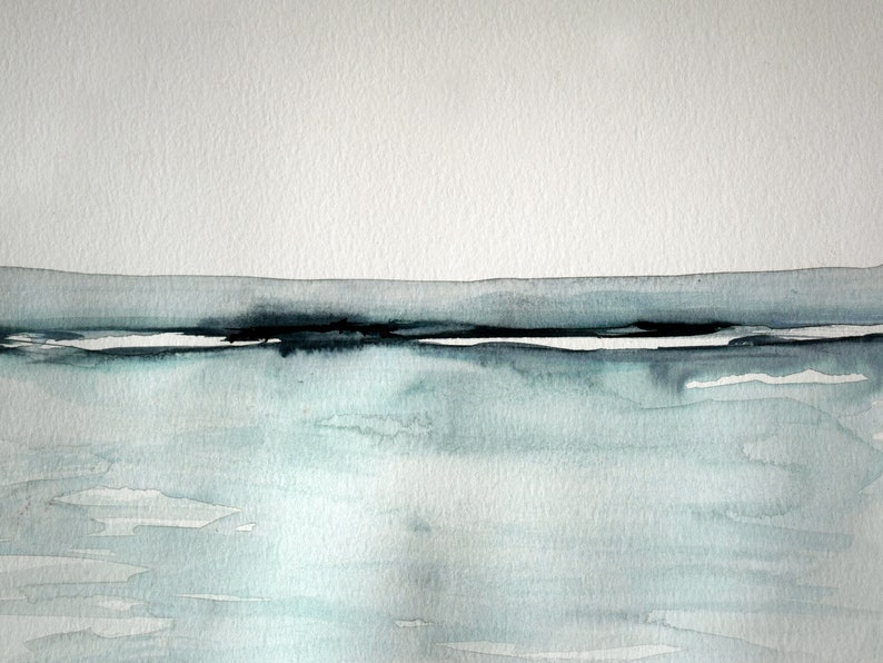 May include: Abstract watercolor painting of a seascape with a dark blue line representing the horizon and a light blue wash representing the water.