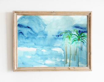 Abstract Island View Watercolor Art, Minimalist Mountains and Palm Tree Painting, Blue Printable Tropical Wall Decor, Digital Download