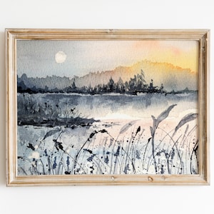 Póster panorámico sereno con pintura de lago tranquilo, arte paisajístico minimalista, acuarela imprimible, decoración de pared, vista suave del amanecer, obra de arte, regalo