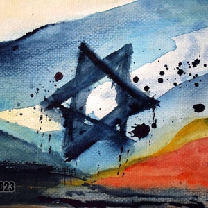 May include: Abstract watercolor painting with a large black Star of David in the center. The background is a mix of blue, white, and yellow watercolor washes with black splatters.
